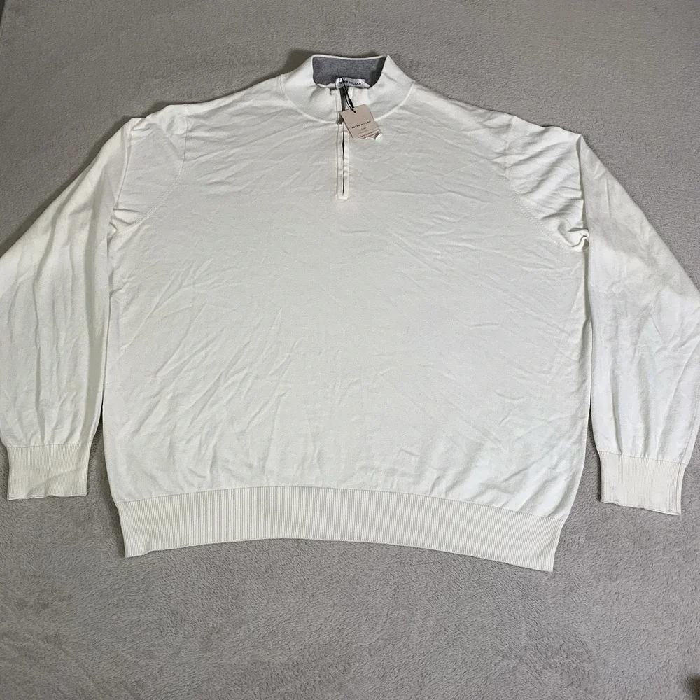 Peter Millar Whitaker Quarter Zip Mens 2XL Pullover White Cotton Silk $185 NEW